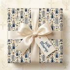 Bar Mitzvah gift wrap with watercolor boys in tallit and a cream satin bow, by Wrapped Studios.