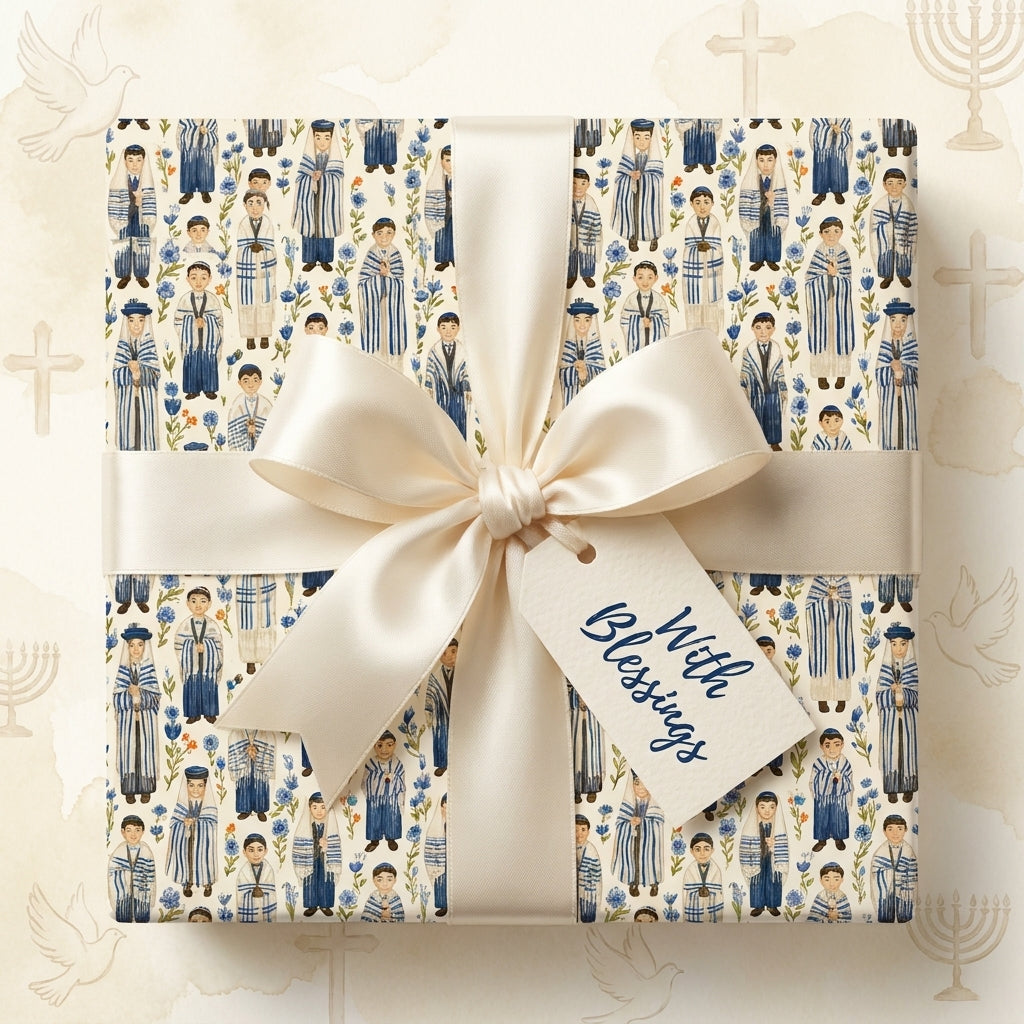 Bar Mitzvah gift wrap with watercolor boys in tallit and a cream satin bow, by Wrapped Studios.