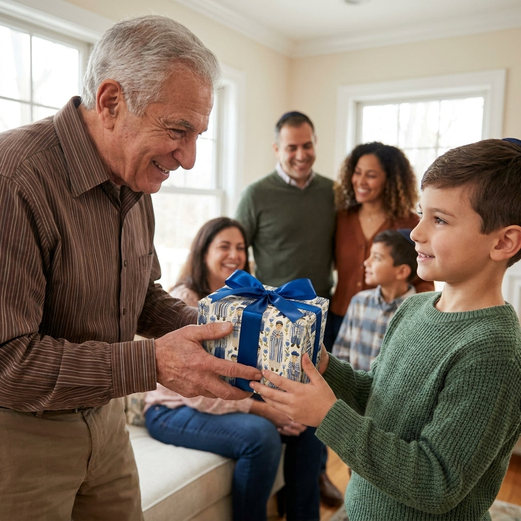Grandfather giving a Hanukkah gift in blue Jewish holiday wrapping paper by Wrapped Studios.