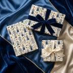 Luxury Bar Mitzvah wrapping paper with illustrated Jewish boys and blue velvet bow by Wrapped Studios.