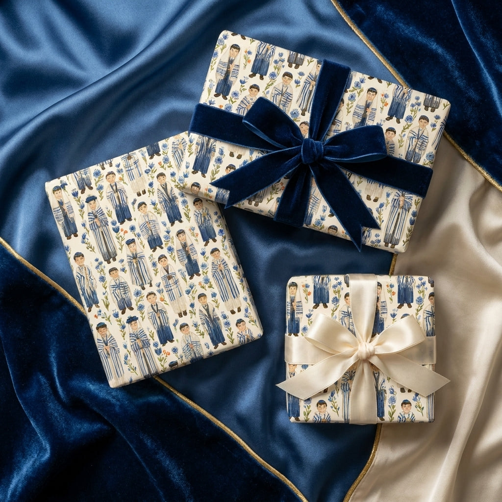 Luxury Bar Mitzvah wrapping paper with illustrated Jewish boys and blue velvet bow by Wrapped Studios.