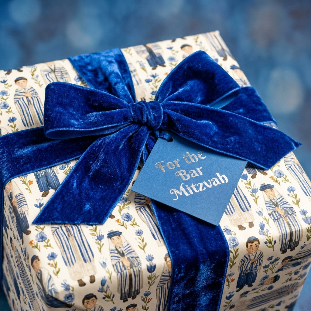Bar Mitzvah wrapping paper with watercolor boys, luxury blue velvet bow, and tag by Wrapped Studios.