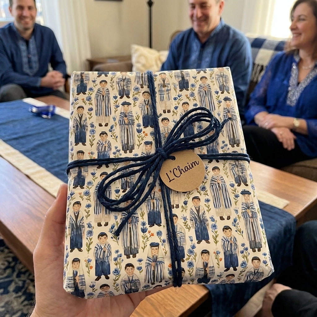 Jewish Bar Mitzvah wrapping paper with tallit pattern and L'Chaim tag by Wrapped Studios.