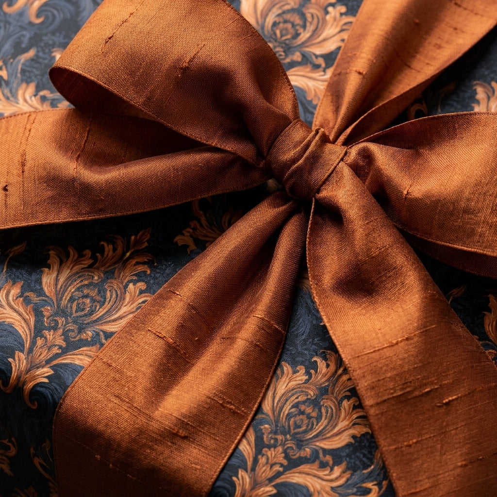 Elegant navy and copper damask wrapping paper tied with a luxury silk bow by Wrapped Studios.