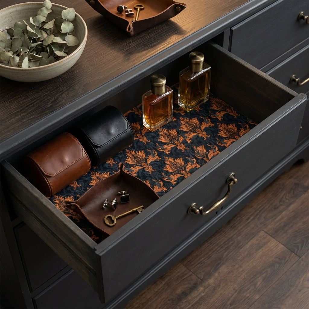 Ornate navy and gold damask wrapping paper used as luxury dresser drawer liner by Wrapped Studios.