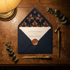 Luxury navy and gold damask envelope liner for elegant wedding invitations by Wrapped Studios.