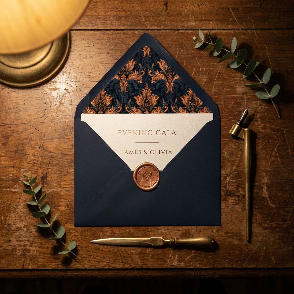 Luxury navy and gold damask envelope liner for elegant wedding invitations by Wrapped Studios.