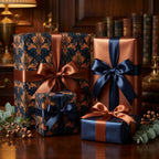Elegant navy and copper damask luxury gift wrap with satin bows by Wrapped Studios.