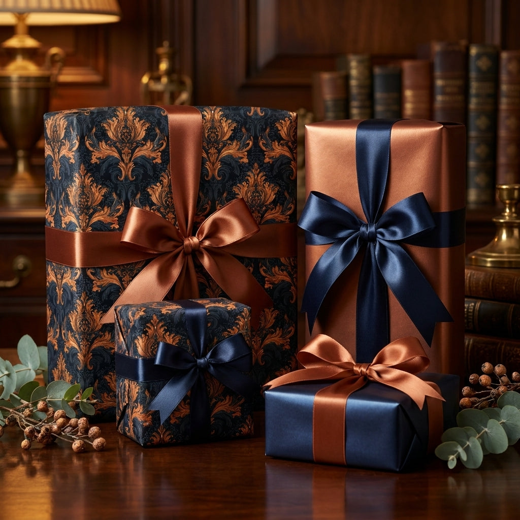 Elegant navy and copper damask luxury gift wrap with satin bows by Wrapped Studios.