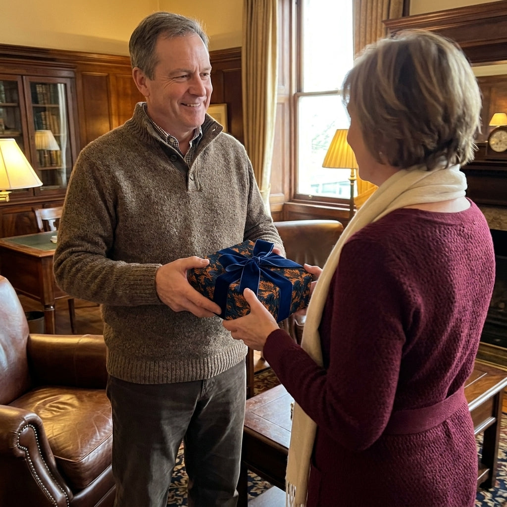 Man gifting a present in luxury wrapping paper with navy floral pattern and velvet bow, by Wrapped Studios.