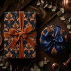 Luxury vintage damask wrapping paper in navy and gold with velvet ribbon, by Wrapped Studios.