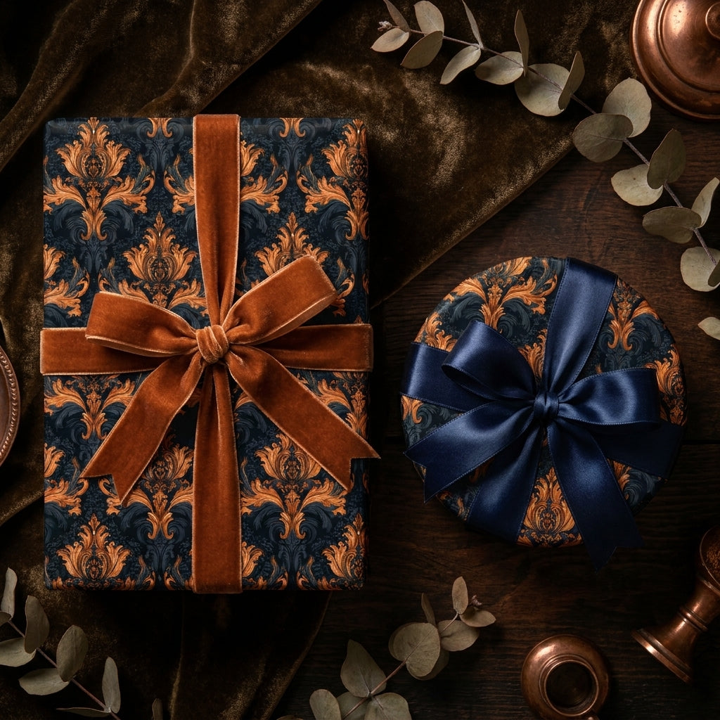 Luxury vintage damask wrapping paper in navy and gold with velvet ribbon, by Wrapped Studios.