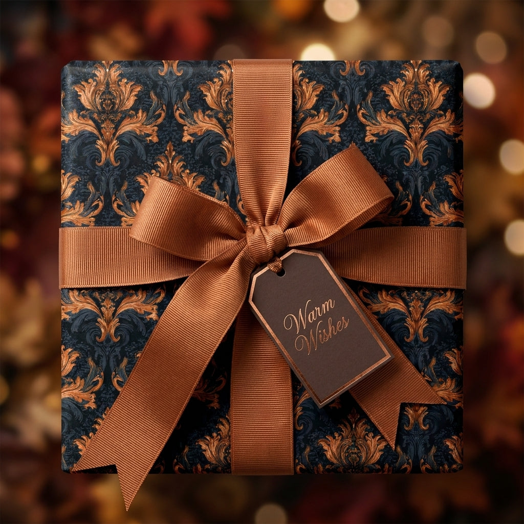 Luxury vintage damask gift wrap in navy and copper with a bronze ribbon bow and tag by Wrapped Studios.