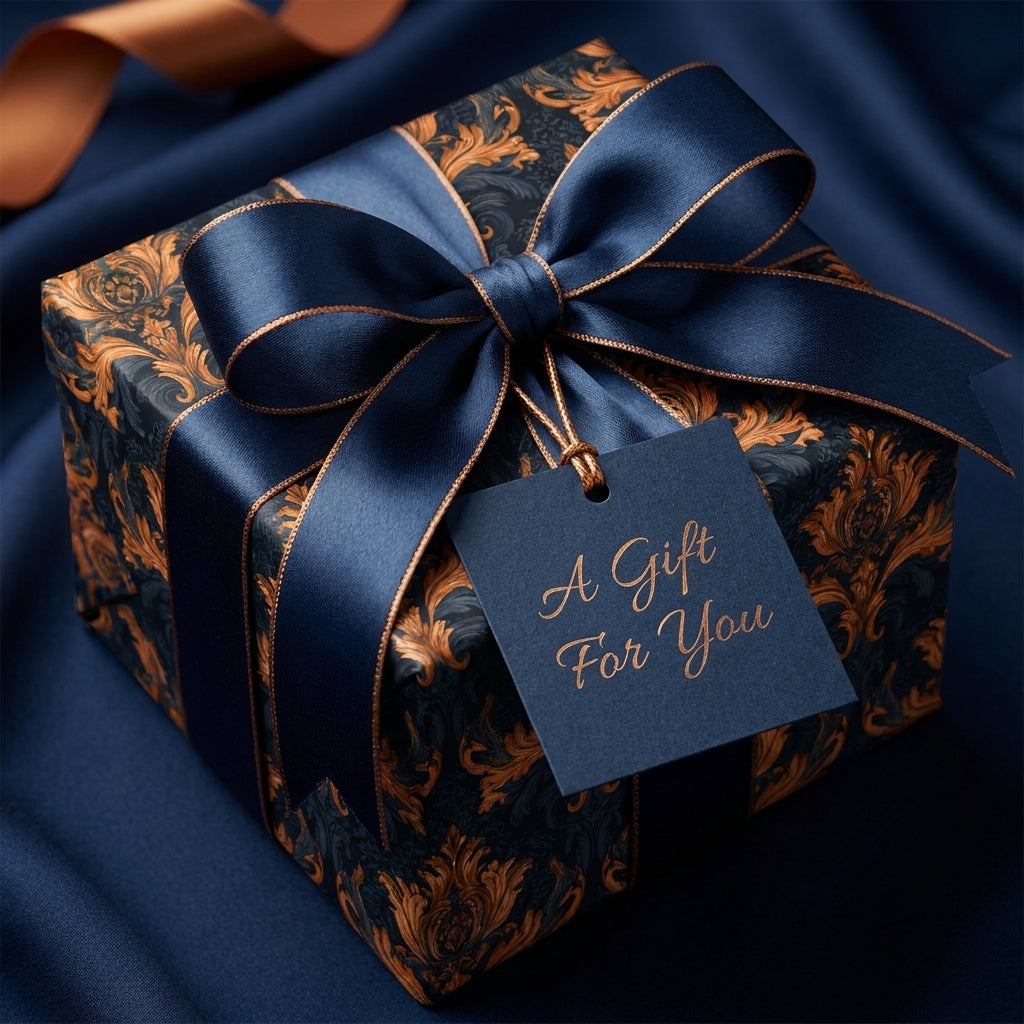 Luxury navy and gold damask wrapping paper with satin bow and gift tag by Wrapped Studios.
