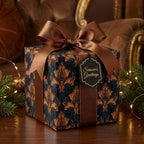 Luxury navy and gold damask Christmas wrapping paper with a brown satin bow, by Wrapped Studios.