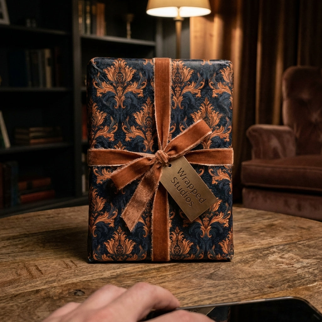 Luxury damask wrapping paper in navy and bronze with velvet ribbon by Wrapped Studios.