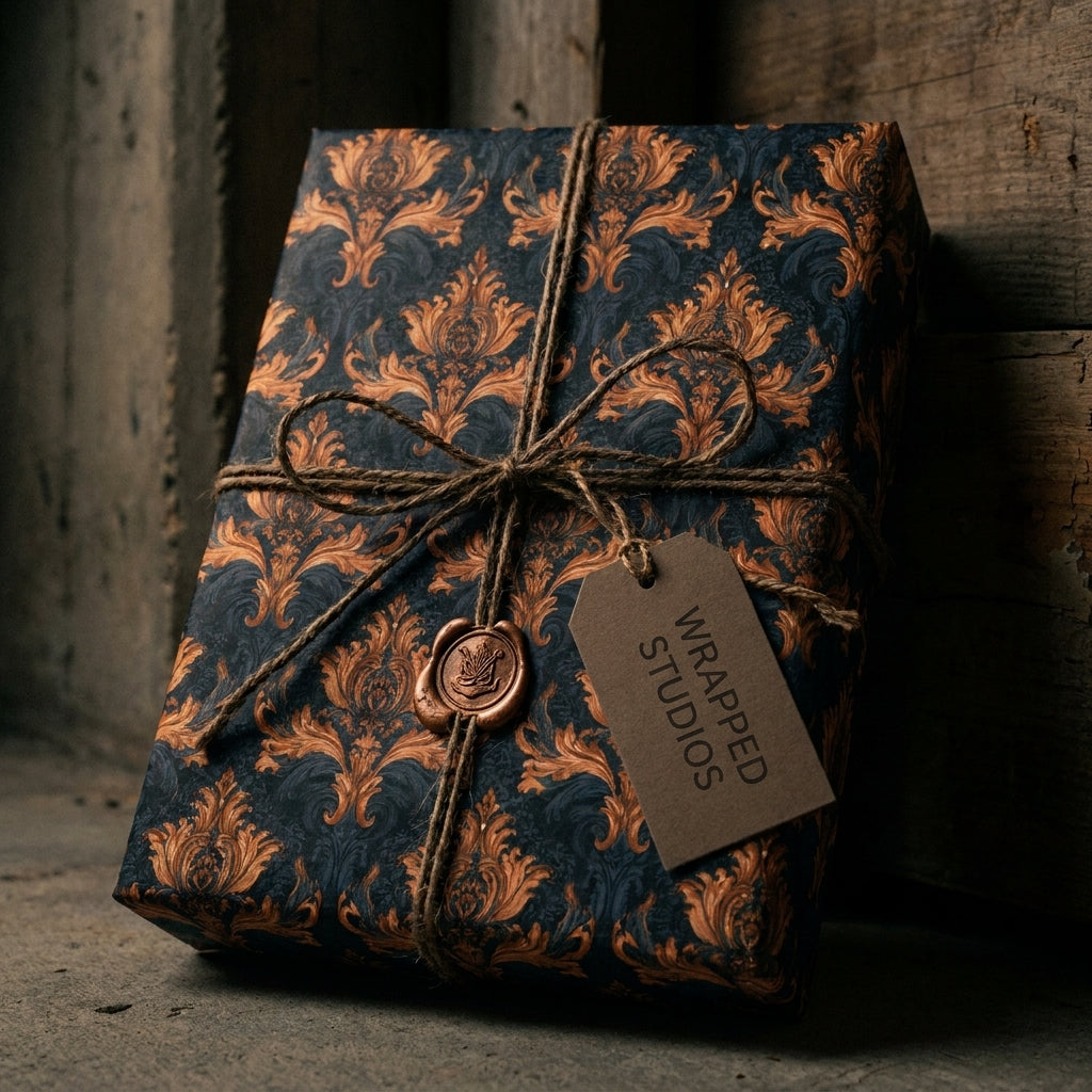 Luxury navy and bronze damask wrapping paper with rustic twine and a Wrapped Studios gift tag.