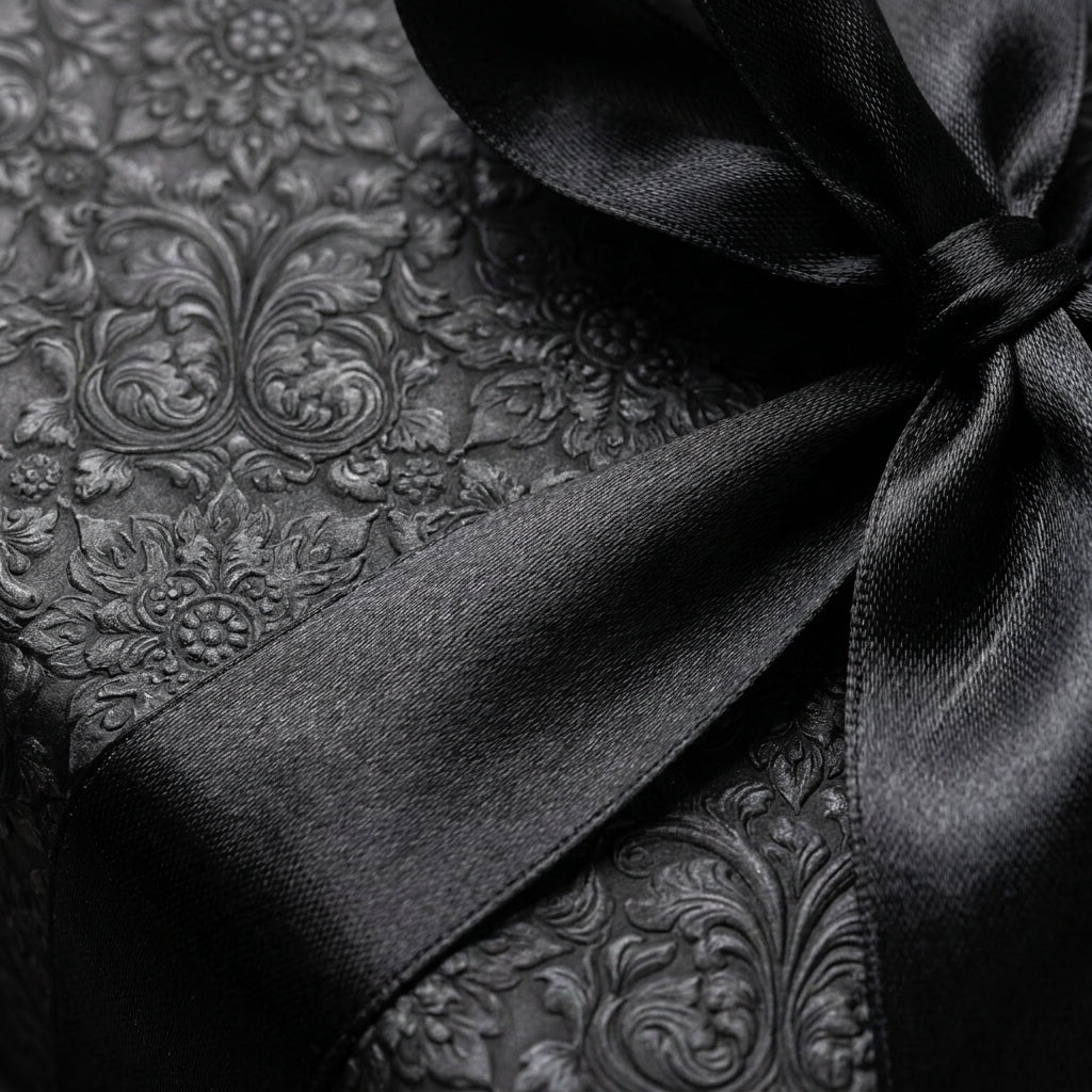 Luxury black damask wrapping paper with an elegant black satin bow by Wrapped Studios.
