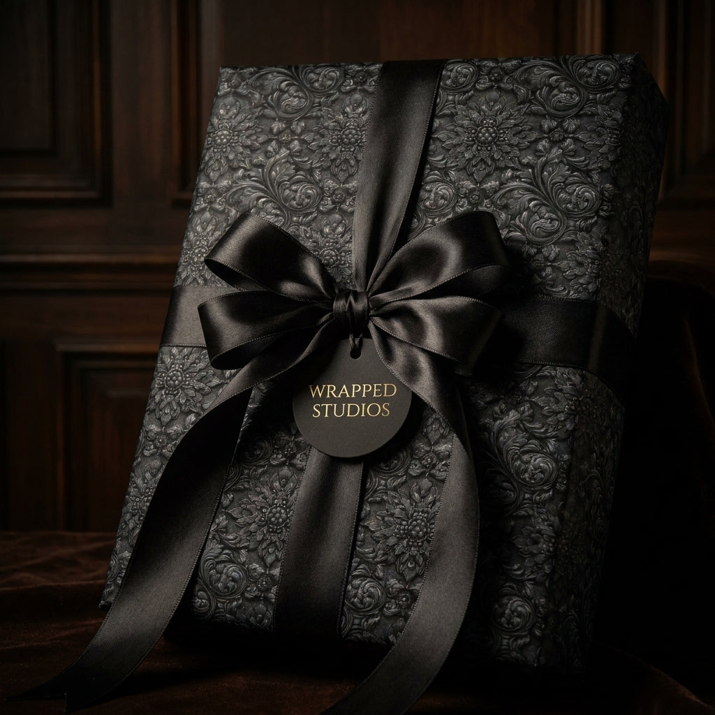 Luxury black wrapping paper with elegant gothic floral pattern and black satin bow by Wrapped Studios.