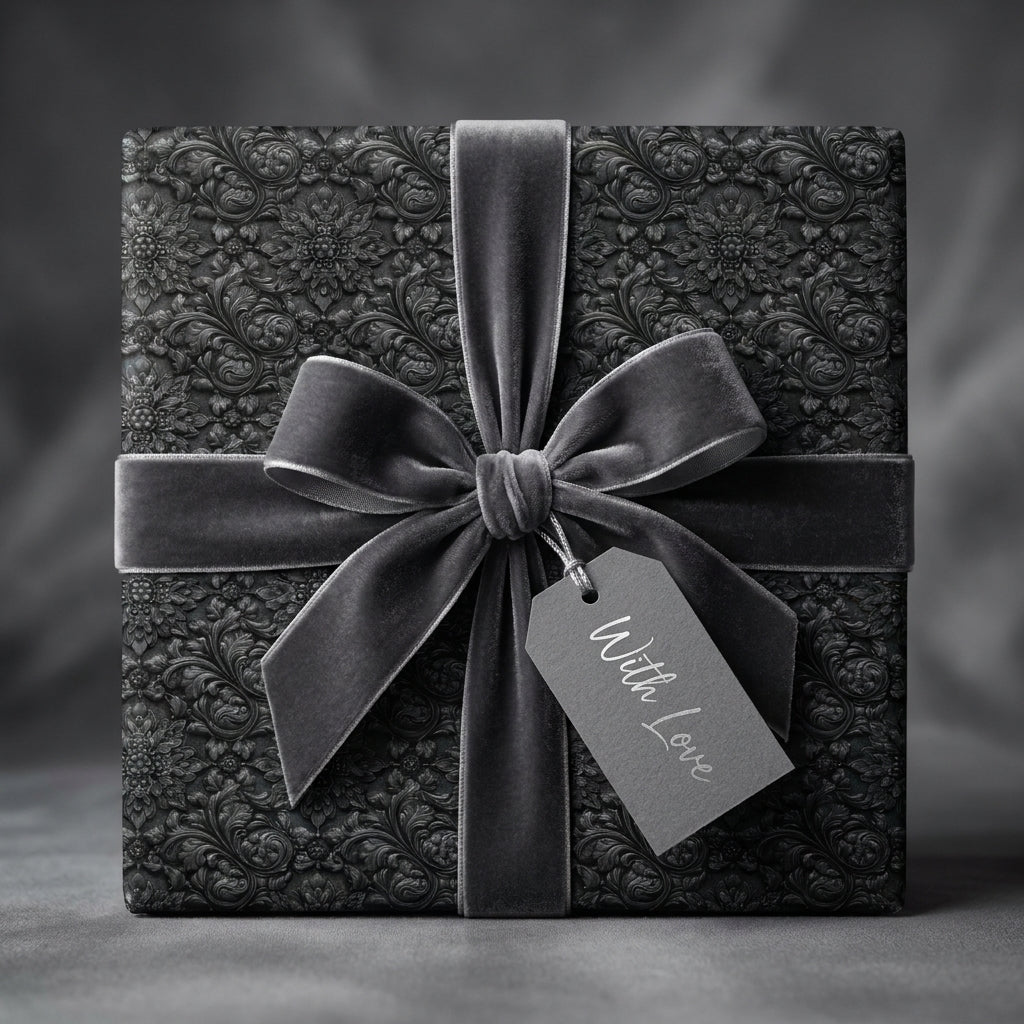 Luxury black damask wrapping paper with a grey velvet bow and gift tag by Wrapped Studios.