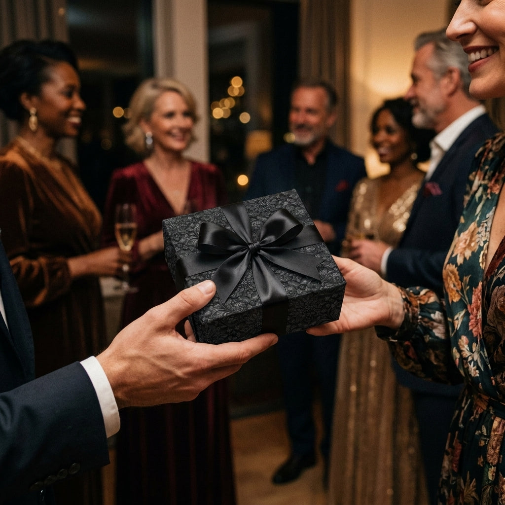Passing a gift in luxury black wrapping paper with a satin bow at an elegant party by Wrapped Studios.