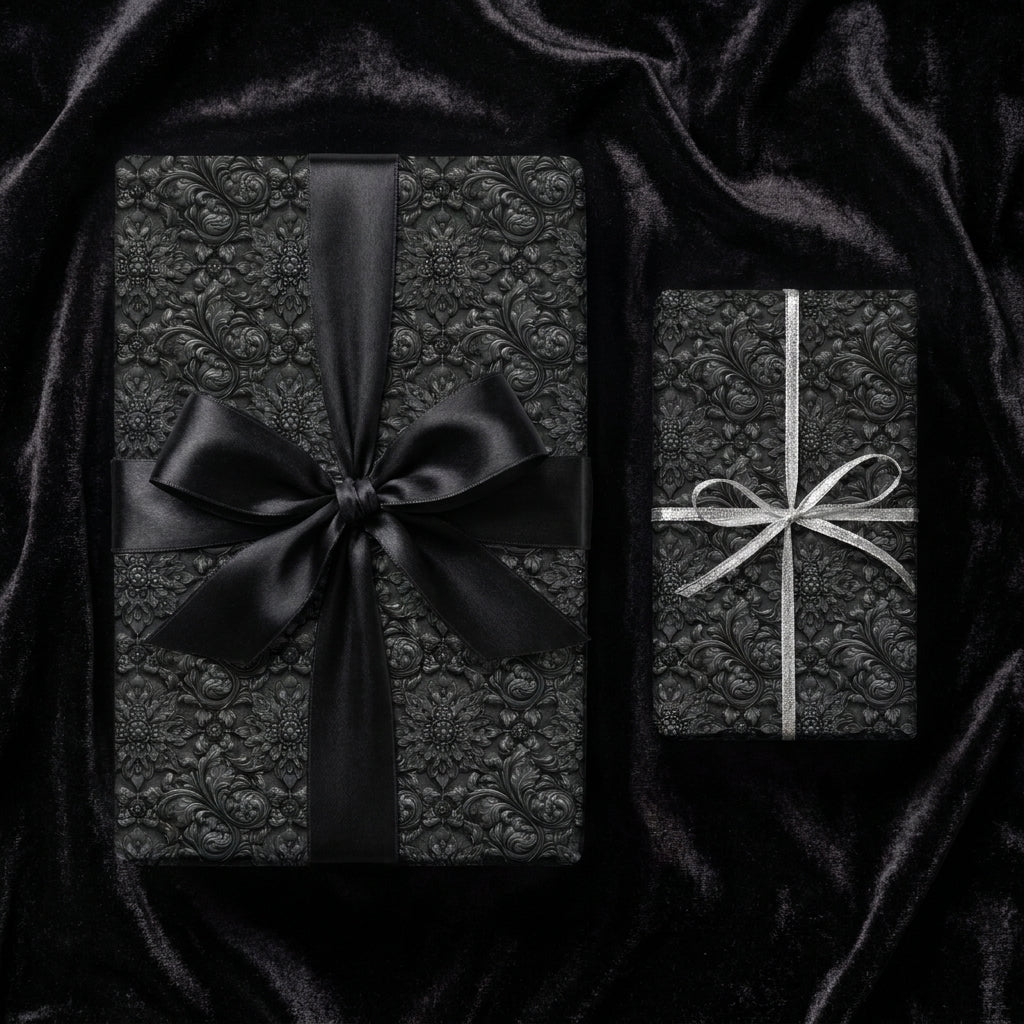 Luxury black gothic floral wrapping paper with elegant bows by Wrapped Studios.