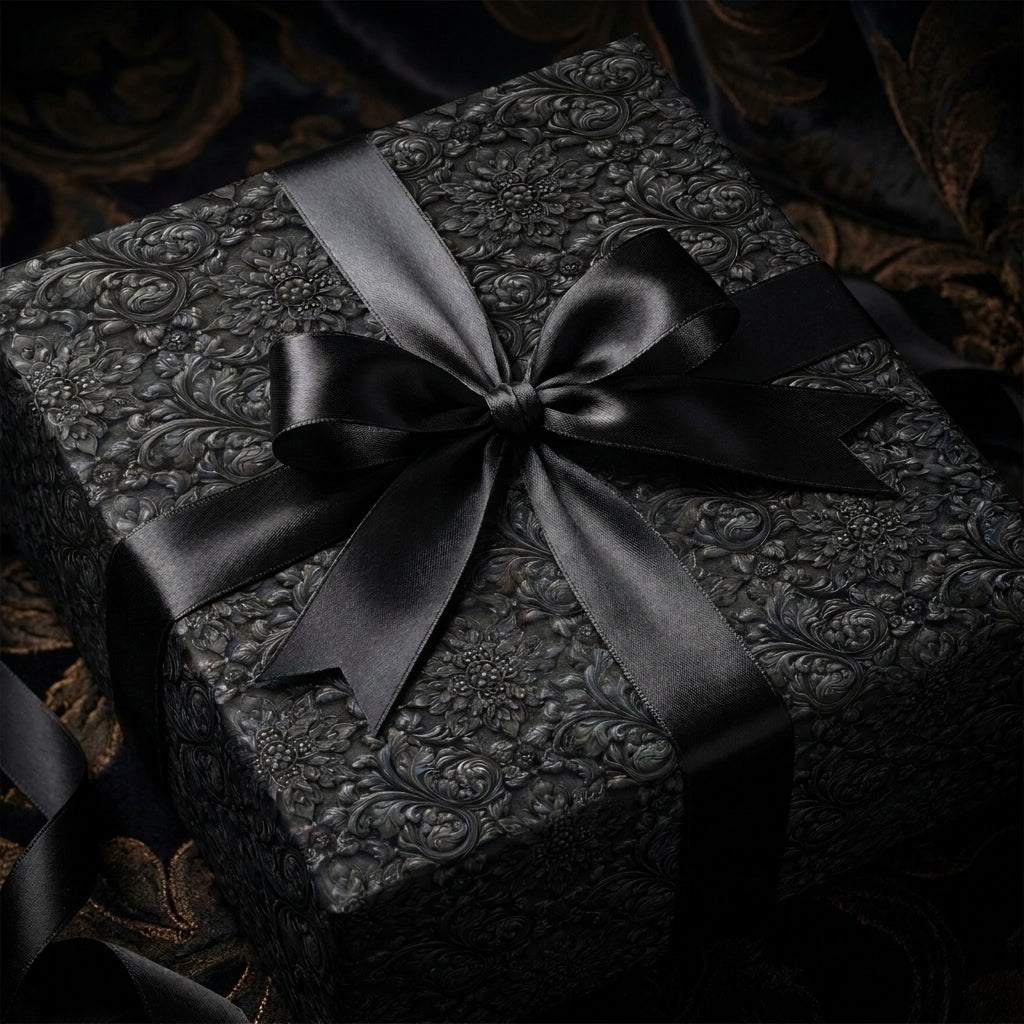 Luxury black gothic floral wrapping paper with a satin ribbon on a gift box by Wrapped Studios.