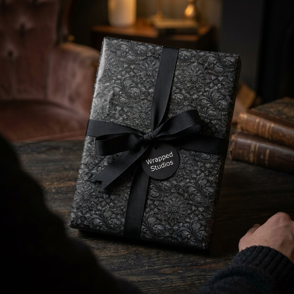 Luxury black floral wrapping paper with a black ribbon bow on a gift box, by Wrapped Studios.