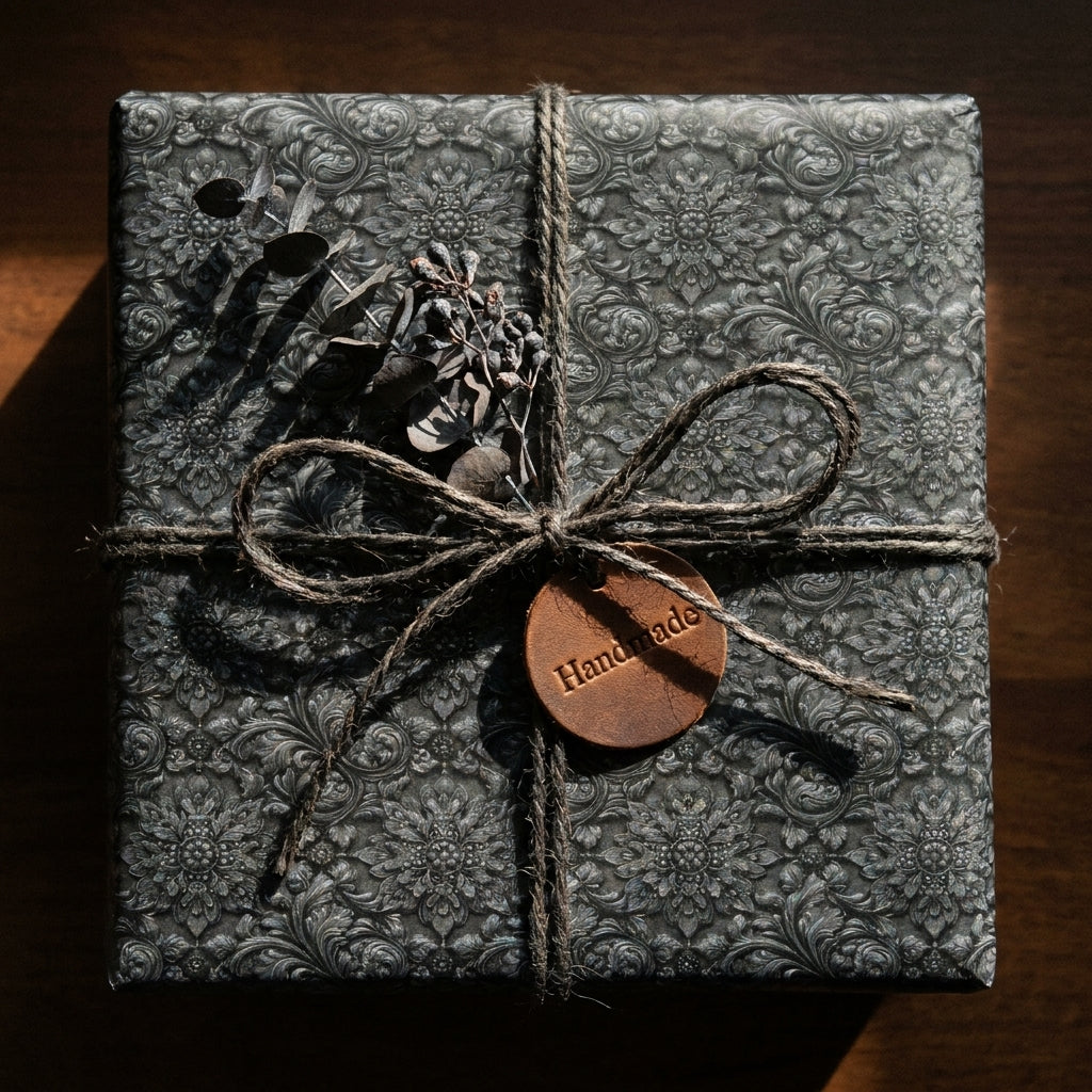 Luxury dark gothic wrapping paper with a twine bow and handmade tag by Wrapped Studios.