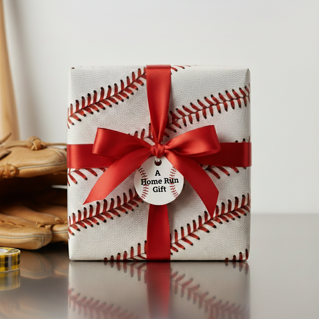 Square gift wrapped in baseball-themed wrapping paper with a red satin bow and "Home Run Gift" tag.