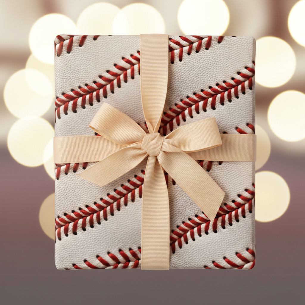 Square gift wrapped in baseball stitch patterned wrapping paper with a cream-colored ribbon and bow.