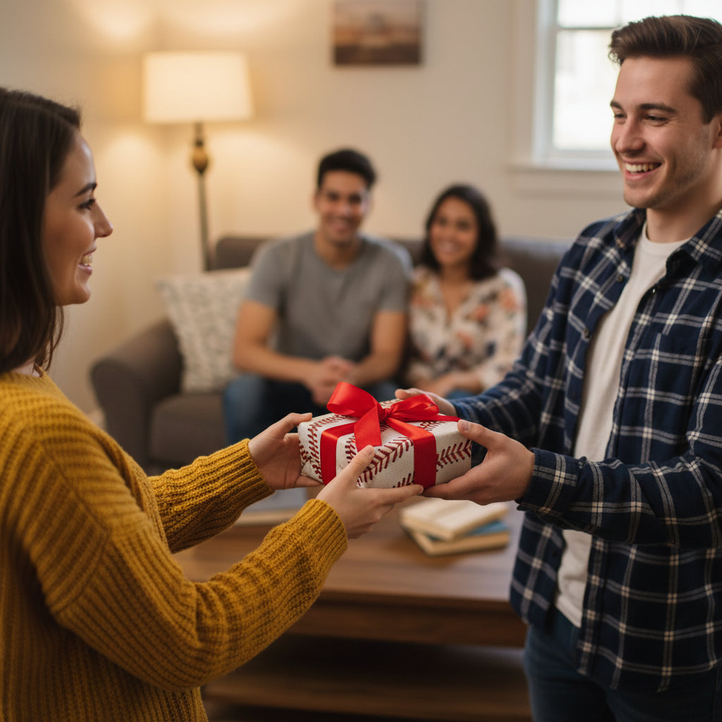 Young man giving gift wrapped in baseball-themed wrapping paper and a red ribbon to a smiling woman.