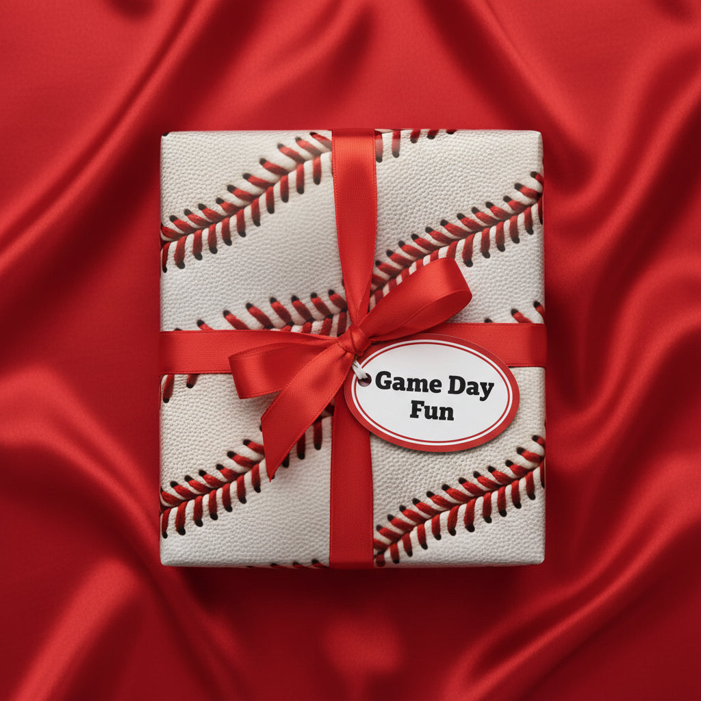 Gift wrapped in baseball pattern paper with red ribbon, perfect for a baseball fan's birthday present.