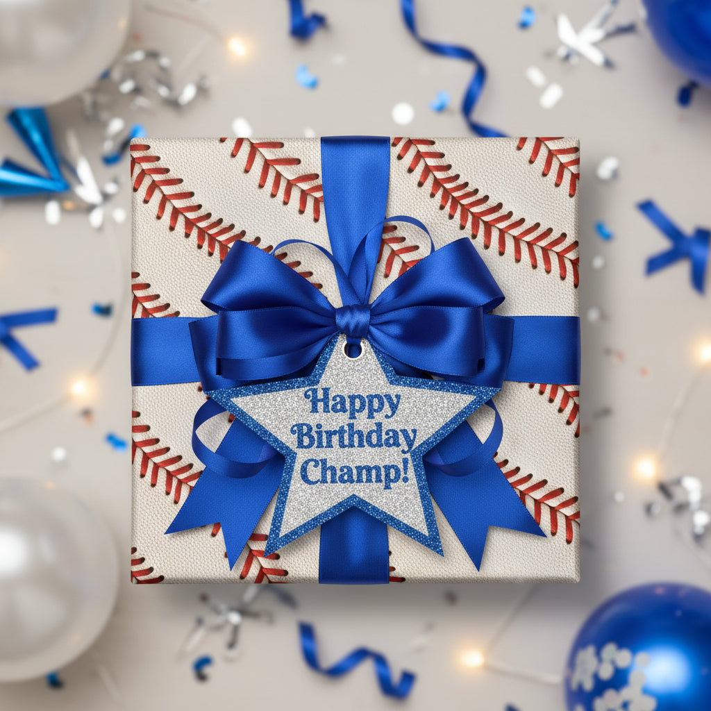 Square gift wrapped in baseball-themed wrapping paper with blue ribbon and "Happy Birthday Champ!" star tag.