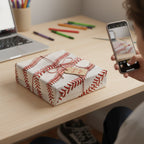 Baseball themed gift wrap with red stitching design, tied with twine and a "For my MVP" tag, being photographed.