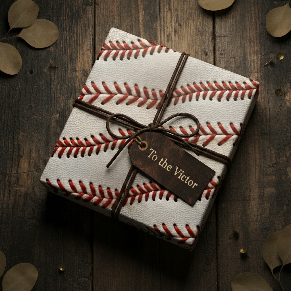 Unique baseball wrapping paper with tag "To the Victor" tied with brown string on a rustic wood surface.