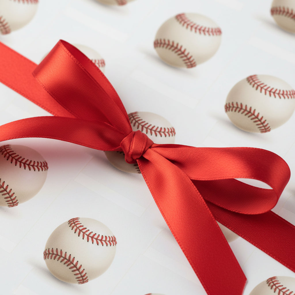 Baseball wrapping paper with a bright red ribbon detail.