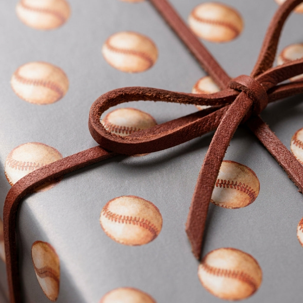 Baseball wrapping paper with vintage sports pattern and leather bow by Wrapped Studios.