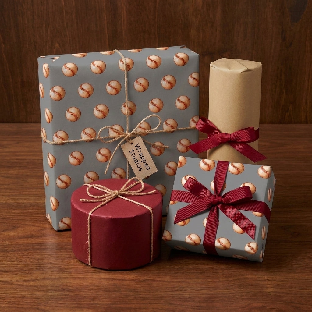 Vintage baseball wrapping paper on gift boxes with red ribbon by Wrapped Studios.