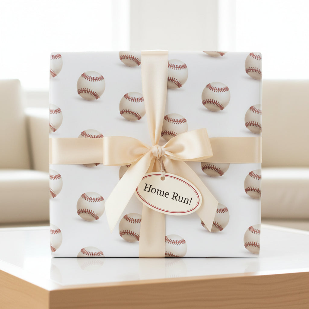 Baseball gift wrap with cream ribbon and "Home Run!" tag, perfect for sports fans.