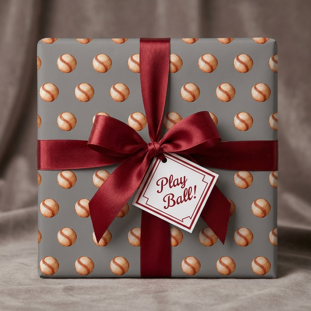 Vintage baseball wrapping paper by Wrapped Studios on a gift box with a red satin bow and Play Ball tag.