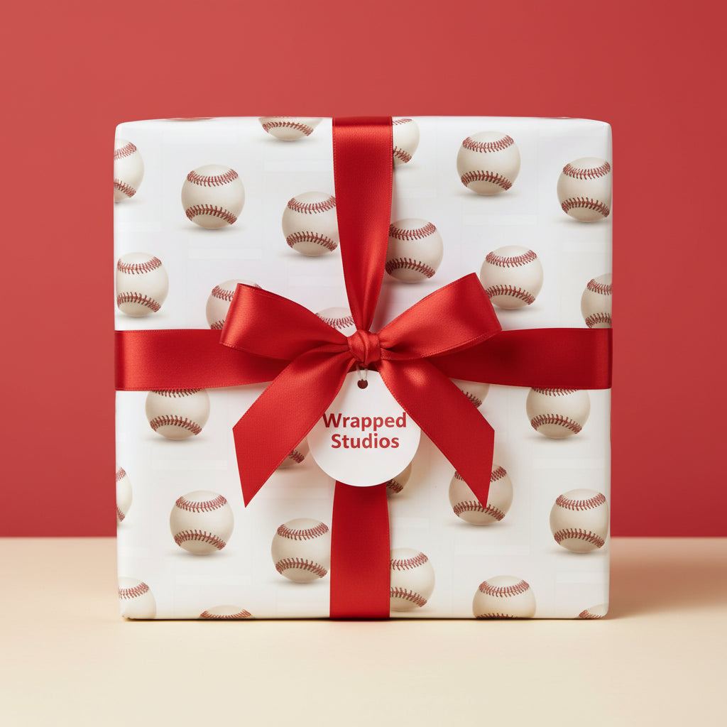 Square gift wrapped in Wrapped Studios baseball wrapping paper with a red satin bow.