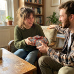 Smiling couple exchanging a gift in blue coffee bean wrapping paper with red ribbon by Wrapped Studios.