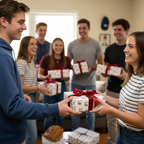 Friends exchanging baseball-themed birthday wrapping paper gifts with red satin ribbon bows.