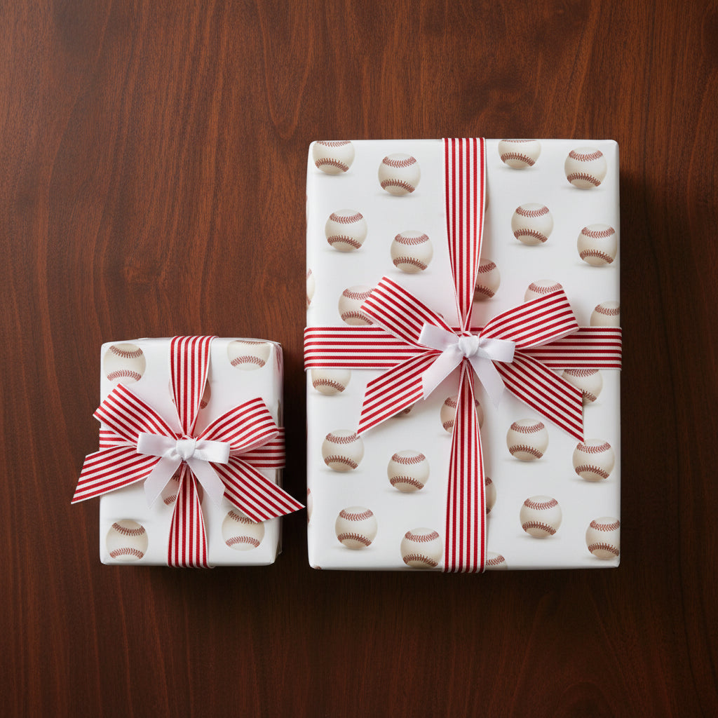 Baseball wrapping paper with red stripe ribbon. Gift for baseball fan.