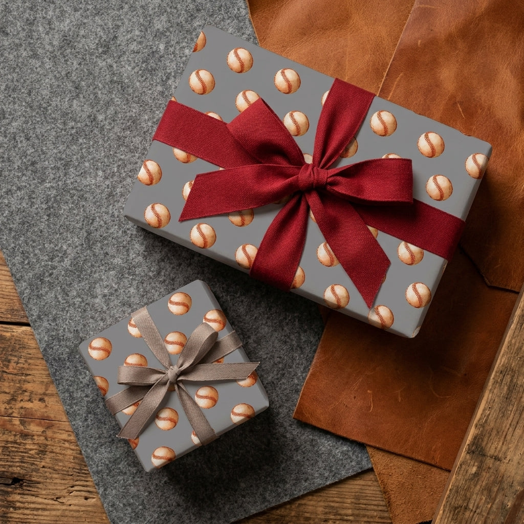 Vintage baseball wrapping paper on sports gift boxes with a red bow by Wrapped Studios.