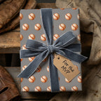 Vintage baseball wrapping paper with gray velvet bow and MVP tag on a gift box by Wrapped Studios.