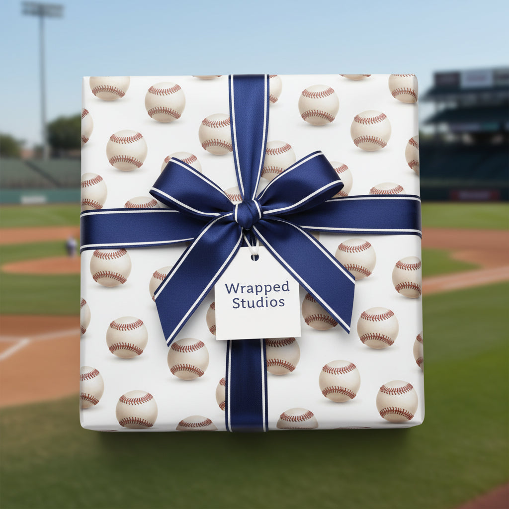 Wrapped Studios baseball wrapping paper with navy ribbon for sports fans.