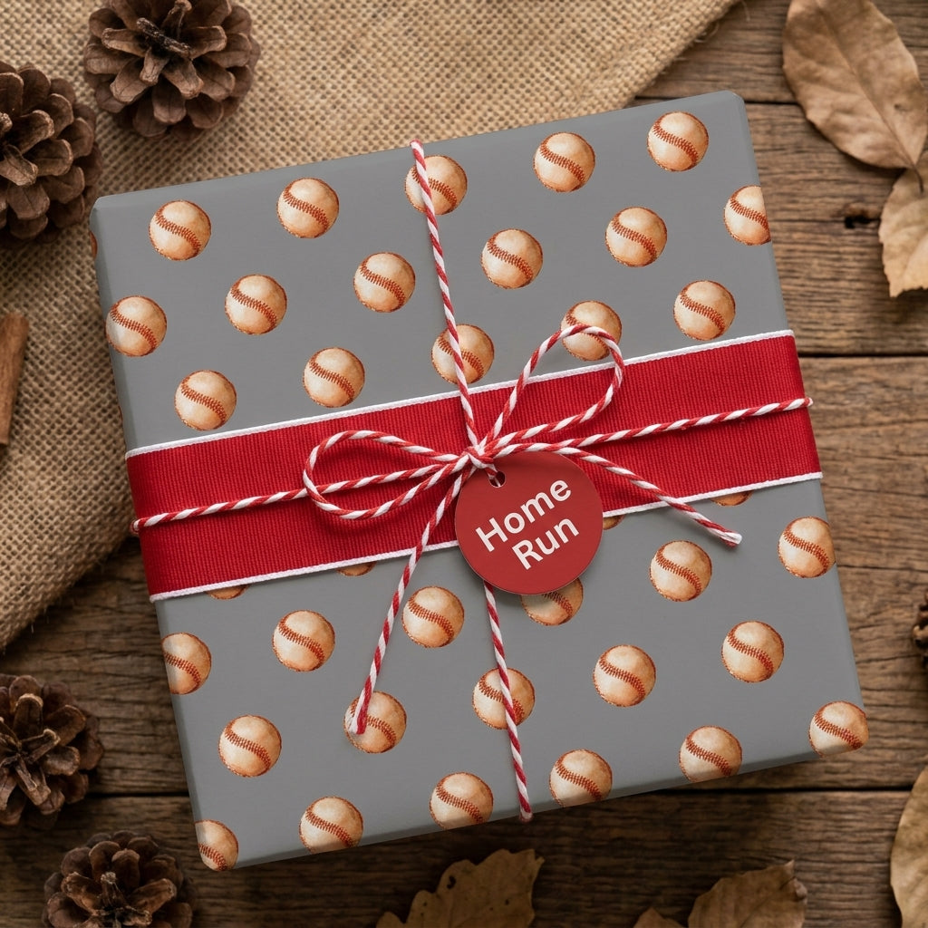 Baseball wrapping paper with red ribbon and Home Run tag on a rustic wood background by Wrapped Studios.