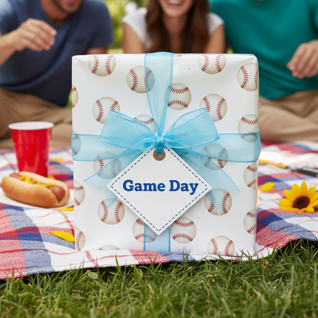 Baseball wrapping paper for a game day gift, tied with a light blue ribbon and tag.